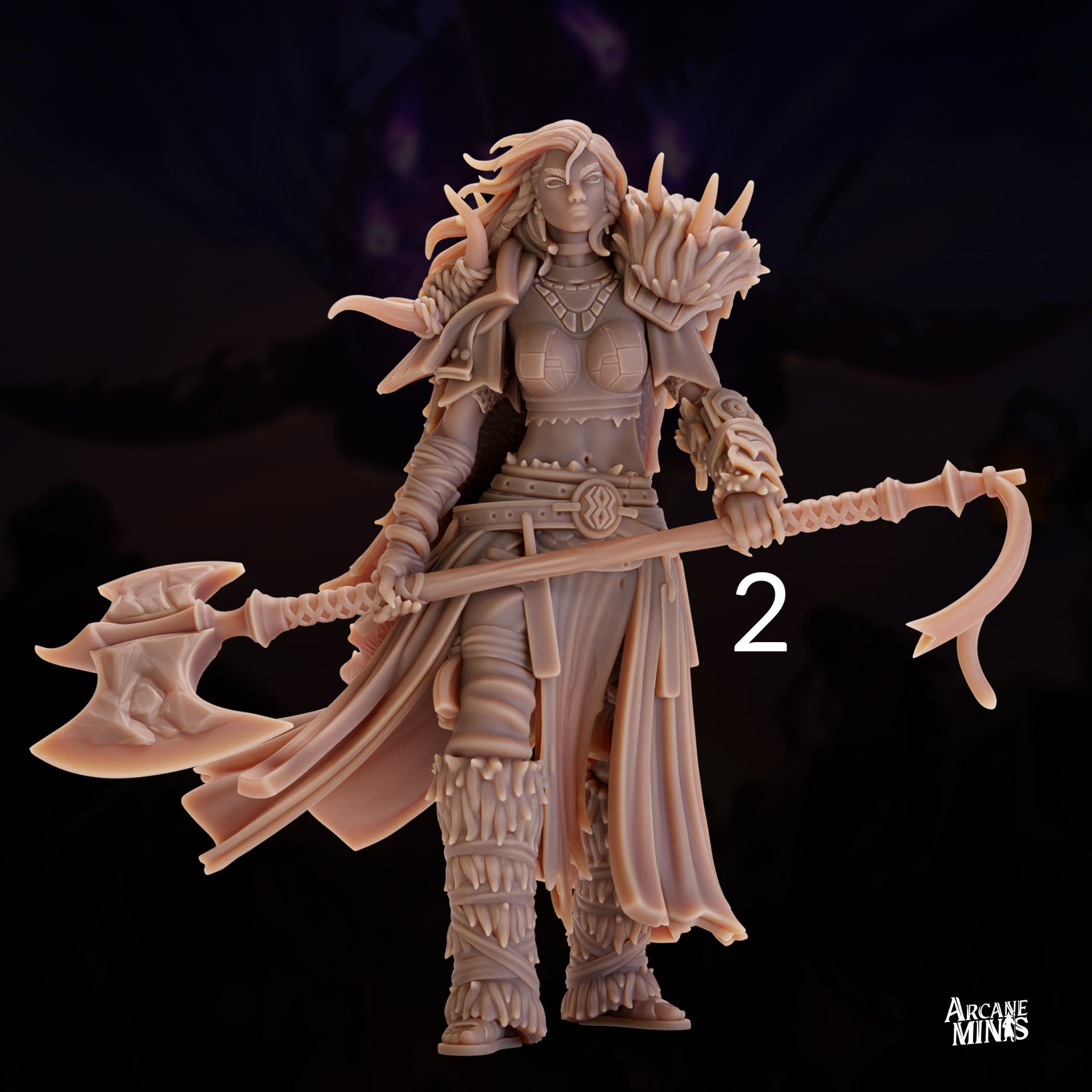 Human Frost Barbarian, Female - Arcane Minis | 32mm | Raiders of Ruin | Axe | Fighter | Skyboard | Airship
