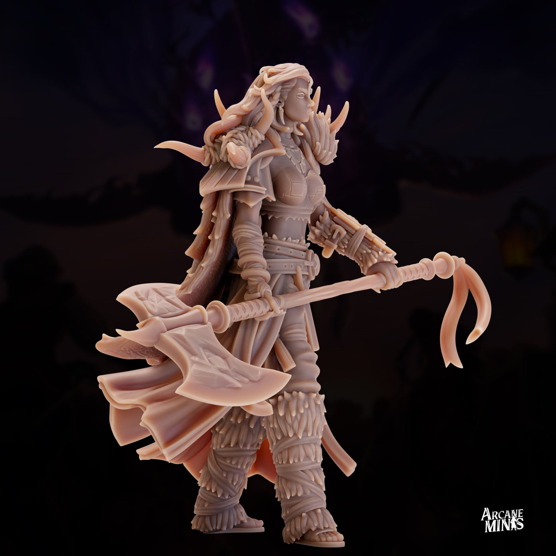 Human Frost Barbarian, Female - Arcane Minis | 32mm | Raiders of Ruin | Axe | Fighter | Skyboard | Airship