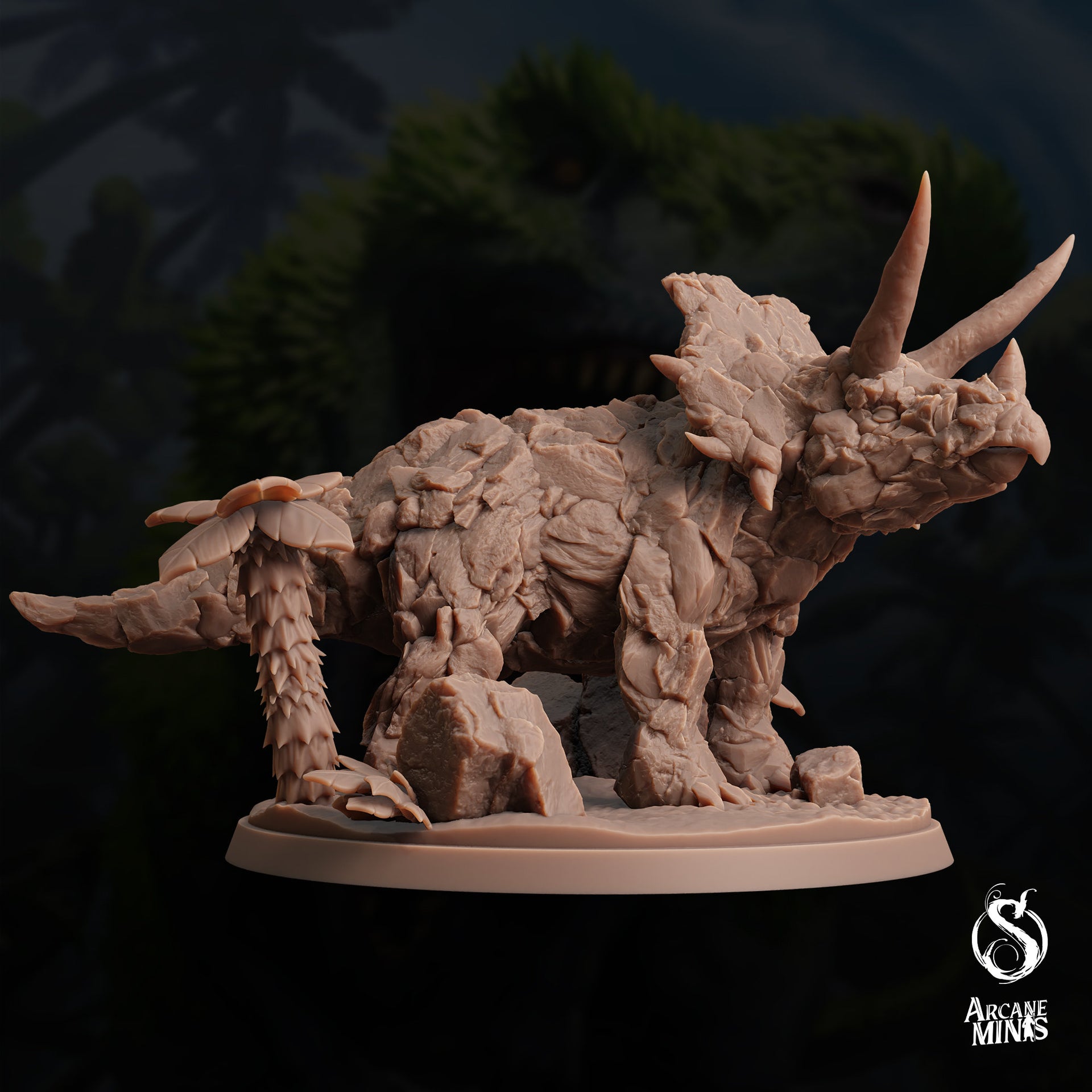 Craghorn Triceratops, Elemental Dinosaur - Arcane Minis | 32mm | Dino Domination | Rock | Stone