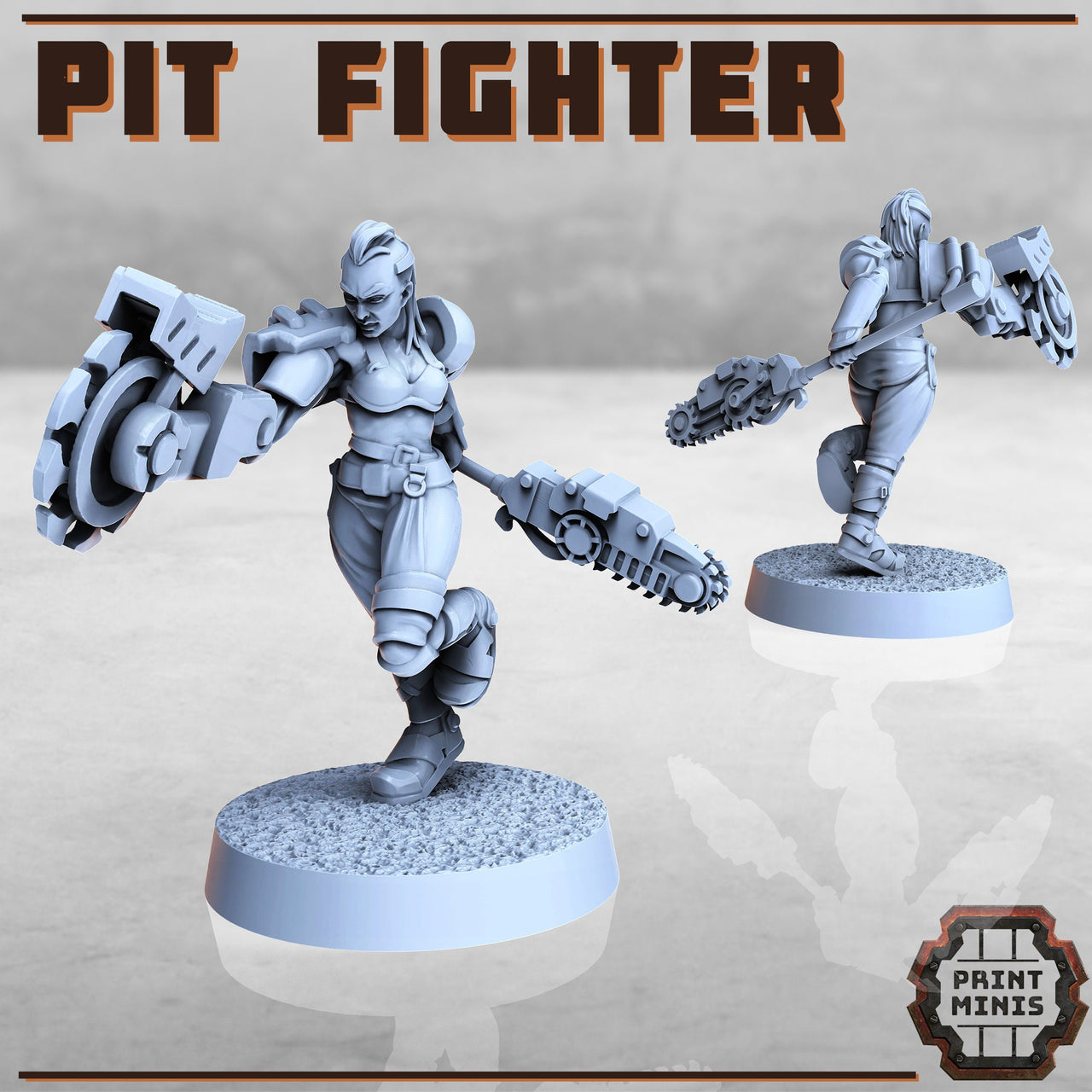 Female Pit Fighter - Print Minis | Sci Fi | Apocalypse | Wasteland | 28mm Scale | Mercenary | Cyborg | Chainsaw