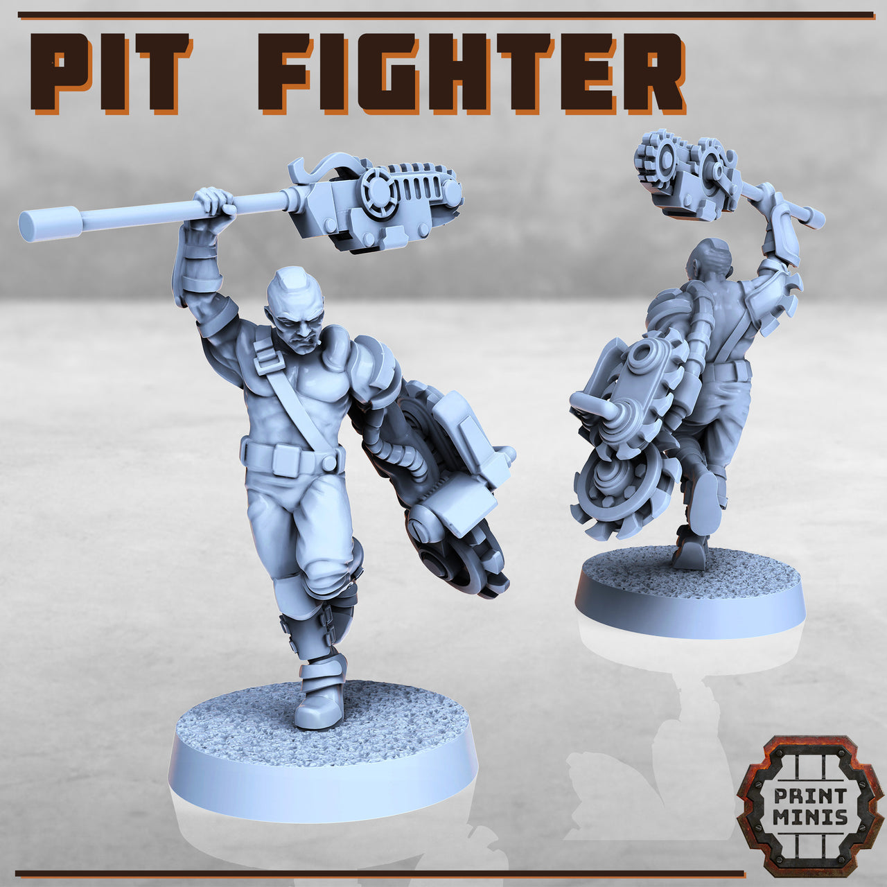Male Pit Fighter - Print Minis | Sci Fi | Apocalypse | Wasteland | 28mm Scale | Mercenary | Cyborg | Chainsaw